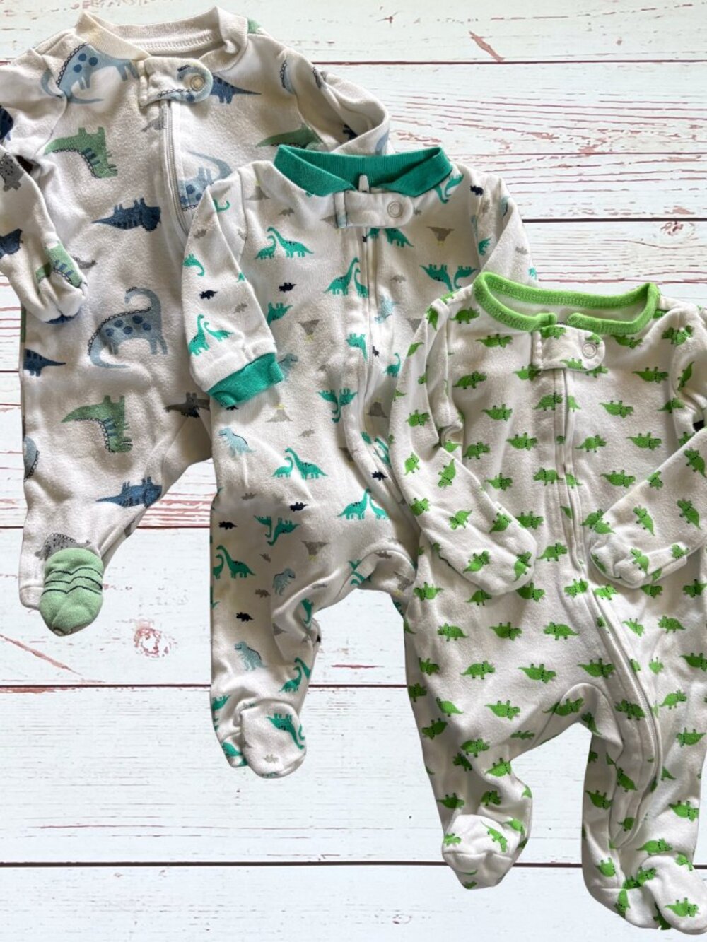 Newborn Baby White Dinosaur Printed Footie Pajamas 3 pc. Bundle